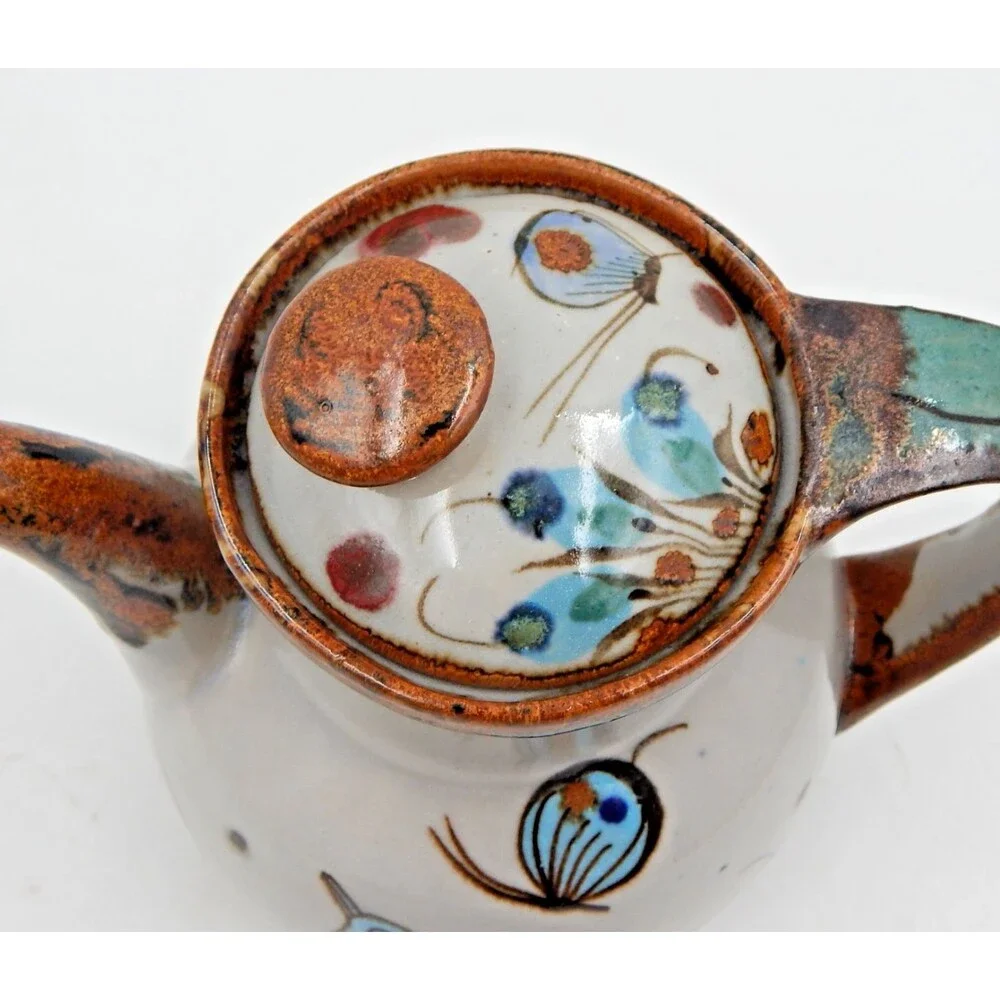 Tonala Ken Edwards Pottery Teapot Bird Butterfly Blue Brown 6 Inch